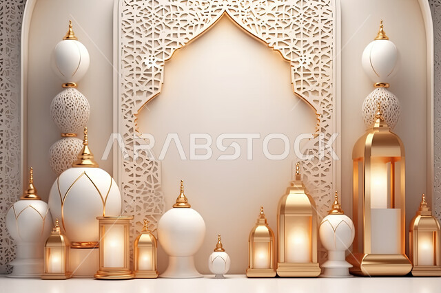 مجسمات ثلاثية الابعاد لفوانيس بيضاء مزخرفة، تحف واكسسوارات شهر رمضان المبارك ،  زينة وأنوار للاعياد والمناسبات، عساكم من عواده ، قدوم شهر الخير ، خلفية زخارف اسلاميه ثري دي