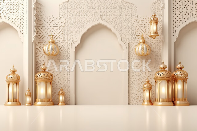 مجسمات ثلاثية الابعاد لفوانيس بيضاء مزخرفة، تحف واكسسوارات شهر رمضان المبارك ،  زينة وأنوار للاعياد والمناسبات، عساكم من عواده ، قدوم شهر الخير ، خلفية زخارف اسلاميه ثري دي