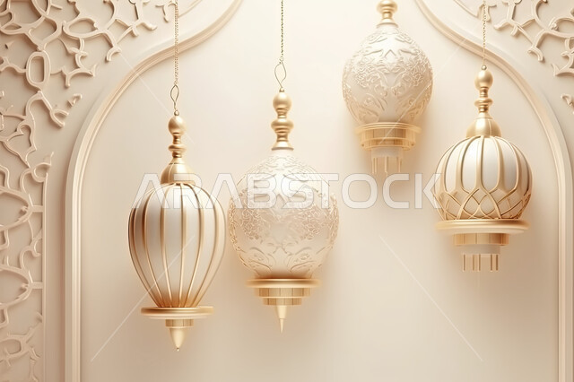 3D figures for decorated white lanterns, antiques and accessories for the blessed month of Ramadan, decorations and lights for holidays and occasions, may you be blessed with return, the advent of the month of goodness, a background of 3D Islamic decorati