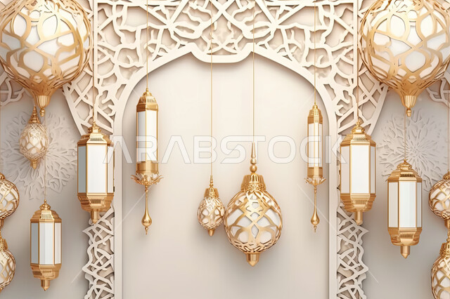 مجسمات ثلاثية الابعاد لفوانيس بيضاء مزخرفة، تحف واكسسوارات شهر رمضان المبارك ،  زينة وأنوار للاعياد والمناسبات، عساكم من عواده ، قدوم شهر الخير ، خلفية زخارف اسلاميه ثري دي