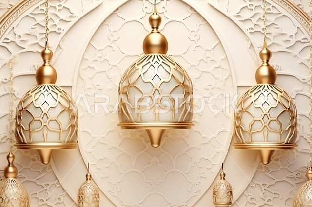 3D figures for decorated white lanterns, antiques and accessories for the blessed month of Ramadan, decorations and lights for holidays and occasions, may you be blessed with return, the advent of the month of goodness, a background of 3D Islamic decorati