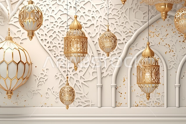 تحف واكسسوارات شهر رمضان المبارك ، مجسمات ثلاثية الابعاد لفوانيس بيضاء مزخرفة، زينة وأنوار للاعياد والمناسبات، عساكم من عواده ، قدوم شهر الخير ، خلفية زخارف اسلاميه ثري دي