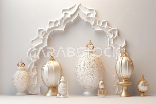 تحف واكسسوارات شهر رمضان المبارك ، مجسمات ثلاثية الابعاد لفوانيس بيضاء مزخرفة، زينة وأنوار للاعياد والمناسبات، عساكم من عواده ، قدوم شهر الخير ، خلفية زخارف اسلاميه ثري دي