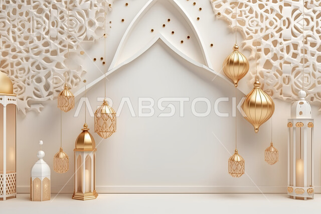 تحف واكسسوارات شهر رمضان المبارك ، مجسمات ثلاثية الابعاد لفوانيس بيضاء مزخرفة، زينة وأنوار للاعياد والمناسبات، عساكم من عواده ، قدوم شهر الخير ، خلفية زخارف اسلاميه ثري دي