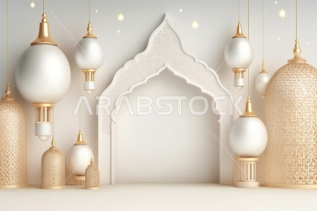 Antiques and accessories for the holy month of Ramadan, three-dimensional figures for decorated white lanterns, decorations and lights for holidays and occasions, may you be blessed with return, the advent of the month of goodness, a background of 3D Isla
