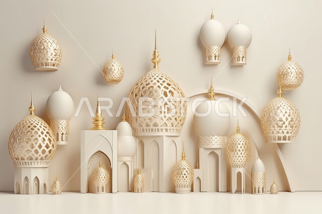 مجسمات ثلاثية الابعاد لمساجد وقبب بيضاء ،زينة الاعياد والمناسبات الدينية، عساكم من عواده ، قدوم شهر الخير ، اسلاميات و عباده, خلفية زخارف اسلاميه ثري دي