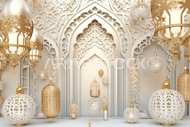 تحف واكسسوارات شهر رمضان المبارك ، مجسمات ثلاثية الابعاد لفوانيس بيضاء مزخرفة، زينة وأنوار للاعياد والمناسبات، عساكم من عواده ، قدوم شهر الخير ، خلفية زخارف اسلاميه ثري دي