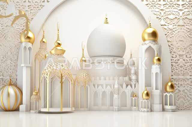 مجسمات ثلاثية الابعاد لمساجد وقبب بيضاء ،زينة الاعياد والمناسبات الدينية، عساكم من عواده ، قدوم شهر الخير ، اسلاميات و عباده, خلفية زخارف اسلاميه ثري دي