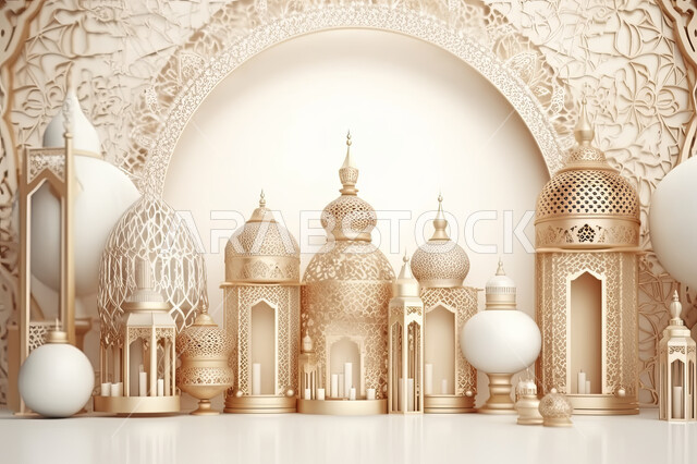 تحف واكسسوارات شهر رمضان المبارك ، مجسمات ثلاثية الابعاد لفوانيس بيضاء مزخرفة، زينة وأنوار للاعياد والمناسبات، عساكم من عواده ، قدوم شهر الخير ، خلفية زخارف اسلاميه ثري دي