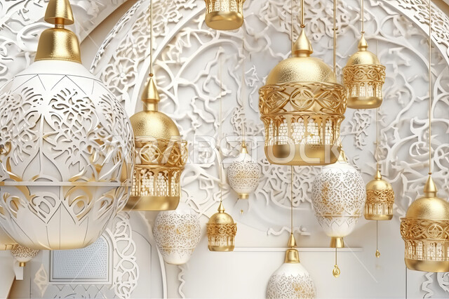 تحف واكسسوارات شهر رمضان المبارك ، مجسمات ثلاثية الابعاد لفوانيس بيضاء مزخرفة، زينة وأنوار للاعياد والمناسبات، عساكم من عواده ، قدوم شهر الخير ، خلفية زخارف اسلاميه ثري دي