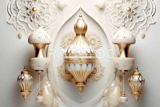 تحف واكسسوارات شهر رمضان المبارك ، مجسمات ثلاثية الابعاد لفوانيس بيضاء مزخرفة، زينة وأنوار للاعياد والمناسبات، عساكم من عواده ، قدوم شهر الخير ، خلفية زخارف اسلاميه ثري دي