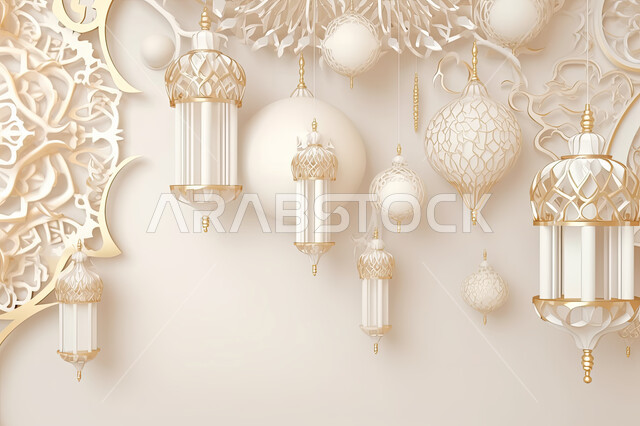 تحف واكسسوارات شهر رمضان المبارك ، مجسمات ثلاثية الابعاد لفوانيس بيضاء مزخرفة، زينة وأنوار للاعياد والمناسبات، عساكم من عواده ، قدوم شهر الخير ، خلفية زخارف اسلاميه ثري دي