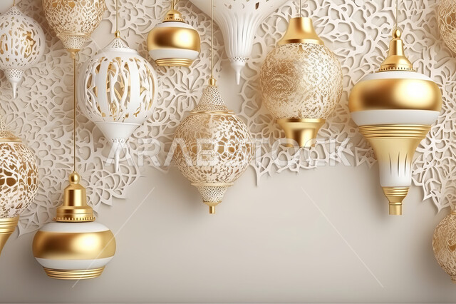 تحف واكسسوارات شهر رمضان المبارك ، مجسمات ثلاثية الابعاد لفوانيس بيضاء مزخرفة، زينة وأنوار للاعياد والمناسبات، عساكم من عواده ، قدوم شهر الخير ، خلفية زخارف اسلاميه ثري دي