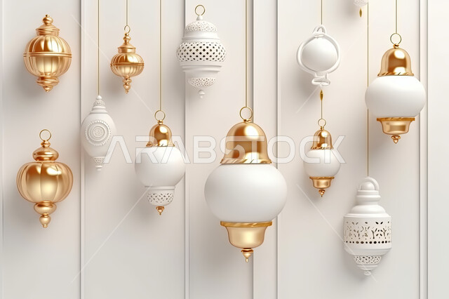 تحف واكسسوارات شهر رمضان المبارك ، مجسمات ثلاثية الابعاد لفوانيس بيضاء مزخرفة، زينة وأنوار للاعياد والمناسبات، عساكم من عواده ، قدوم شهر الخير ، خلفية زخارف اسلاميه ثري دي