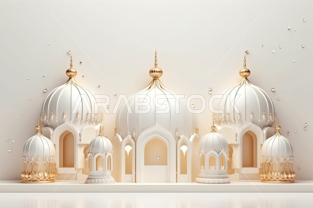 مجسمات ثلاثية الابعاد  لمساجد وقبب بيضاء ،زينة الاعياد والمناسبات الدينية، عساكم من عواده ، قدوم شهر الخير ، اسلاميات و عباده, خلفية زخارف اسلاميه ثري دي