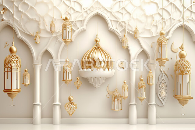 تحف واكسسوارات شهر رمضان المبارك ، مجسمات ثلاثية الابعاد لفوانيس بيضاء مزخرفة، زينة وأنوار للاعياد والمناسبات، عساكم من عواده ، قدوم شهر الخير ، خلفية زخارف  اسلاميه ثري دي