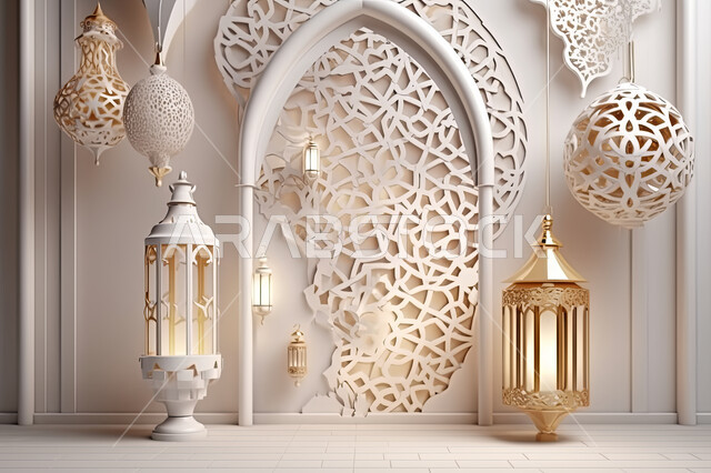 تحف واكسسوارات شهر رمضان المبارك ، مجسمات ثلاثية الابعاد لفوانيس بيضاء مزخرفة، زينة وأنوار للاعياد والمناسبات، عساكم من عواده ، قدوم شهر الخير ، خلفية زخارف  اسلاميه ثري دي