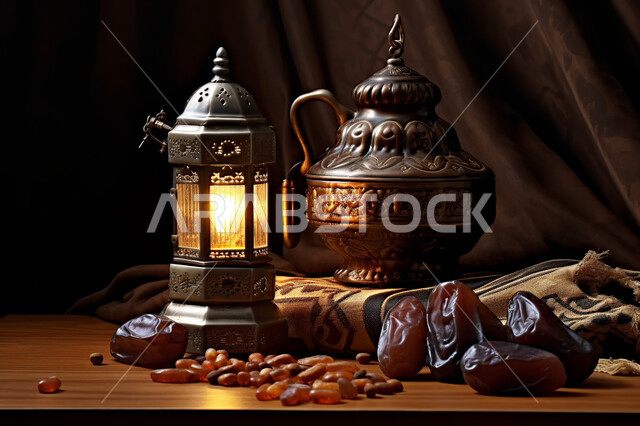 وجبة افطار صحية و لذيذة ،فانوس معدني مزخرف, إضاءة و زينة شهر رمضان ،مشاركة الاجواء الرمضانية ، شهر رمضان المبارك , خلفية اسلامية