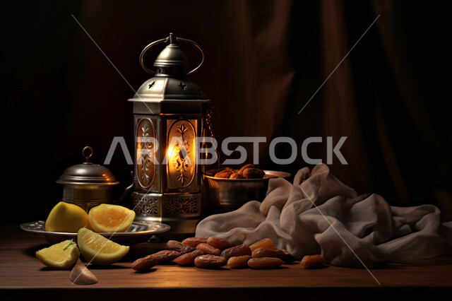 وجبة افطار صحية و لذيذة ،فانوس معدني مزخرف, إضاءة و زينة شهر رمضان ،مشاركة الاجواء الرمضانية ، شهر رمضان المبارك , خلفية اسلامية
