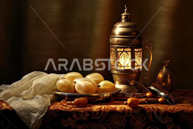 وجبة افطار صحية و لذيذة ،فانوس معدني مزخرف, إضاءة و زينة شهر رمضان ،مشاركة الاجواء الرمضانية ، شهر رمضان المبارك , خلفية اسلامية