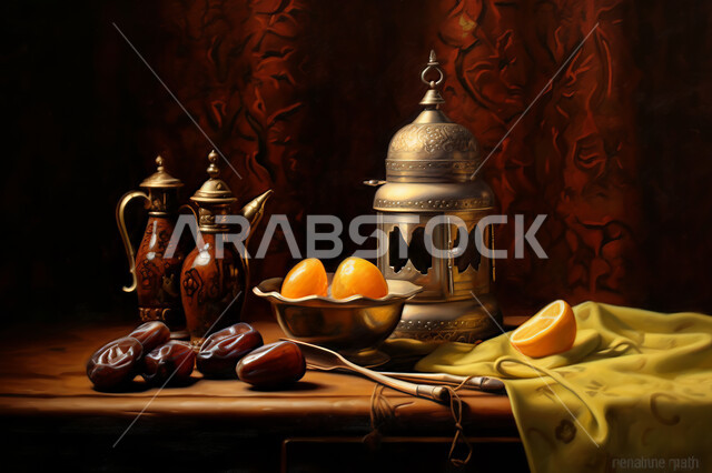 وجبة افطار صحية و لذيذة ،فانوس معدني مزخرف, إضاءة و زينة شهر رمضان ،مشاركة الاجواء الرمضانية ، شهر رمضان المبارك , خلفية اسلامية