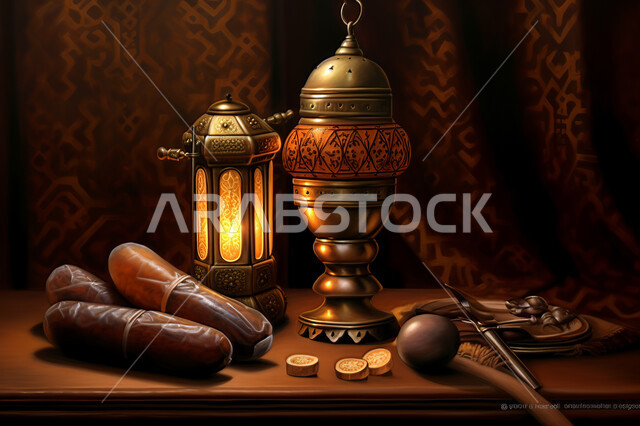 فانوس معدني مزخرف مع حبات التمر الصحي, إضاءة و زينة شهر رمضان ،مشاركة الاجواء الرمضانية ،  وجبة افطار شهية و لذيذة ، شهر رمضان المبارك , خلفية اسلامية