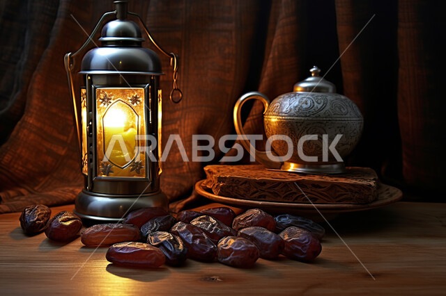 فانوس معدني مزخرف مع حبات التمر الصحي, إضاءة و زينة شهر رمضان ،مشاركة الاجواء الرمضانية ،  وجبة افطار شهية و لذيذة ، شهر رمضان المبارك , خلفية اسلامية
