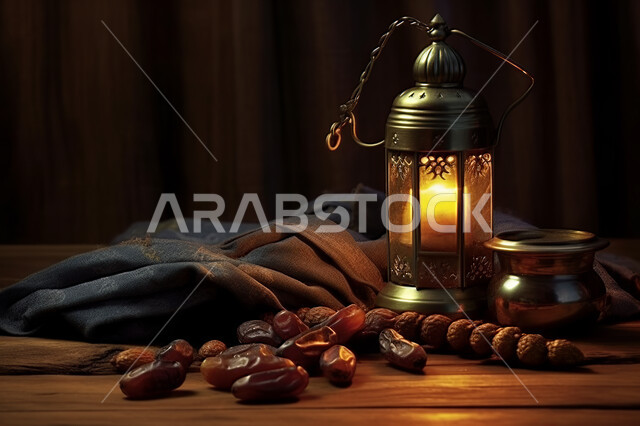 فانوس معدني مزخرف مع حبات التمر الصحي, إضاءة و زينة شهر رمضان ،مشاركة الاجواء الرمضانية ،  وجبة افطار شهية و لذيذة ، شهر رمضان المبارك , خلفية اسلامية