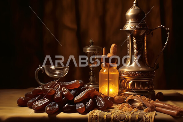 فانوس معدني مزخرف مع حبات التمر الصحي, إضاءة و زينة شهر رمضان ،مشاركة الاجواء الرمضانية ،  وجبة افطار شهية و لذيذة ، شهر رمضان المبارك , خلفية اسلامية