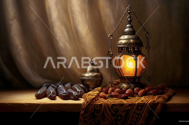 فانوس معدني مزخرف مع حبات التمر الصحي, إضاءة و زينة شهر رمضان ،مشاركة الاجواء الرمضانية ،  وجبة افطار شهية و لذيذة ، شهر رمضان المبارك , خلفية اسلامية