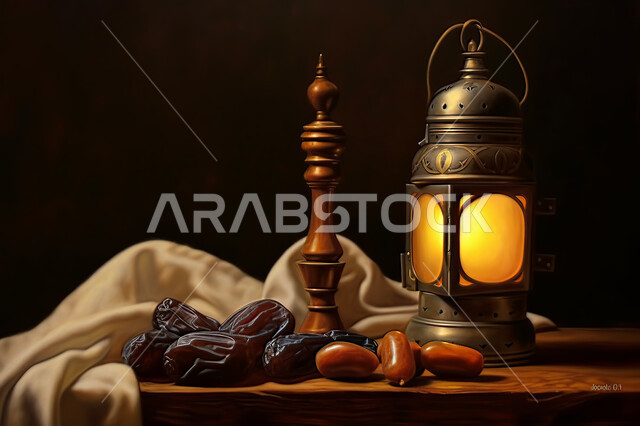 فانوس معدني مزخرف مع حبات التمر الصحي, إضاءة و زينة شهر رمضان ،مشاركة الاجواء الرمضانية ،  وجبة افطار شهية و لذيذة ، شهر رمضان المبارك , خلفية اسلامية