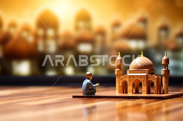 تحف واكسسوارات ثري دي للزينه، صوره مقربه لمجسمات ثلاثية الابعاد لمسجد على قاعدة خشبيه ، خلفية ضبابيه لمسجد اسلامي عريق، الفن الهندسي والمعماري المميز، خلفيه إسلاميه