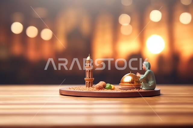 صوره مقربه لمجسمات ثلاثية الابعاد  لمسجد على قاعدة خشبيه ، خلفية ضبابيه لمسجد اسلامي عريق، الفن الهندسي والمعماري المميز، تحف واكسسوارات ثري دي  للزينه، خلفيه إسلاميه