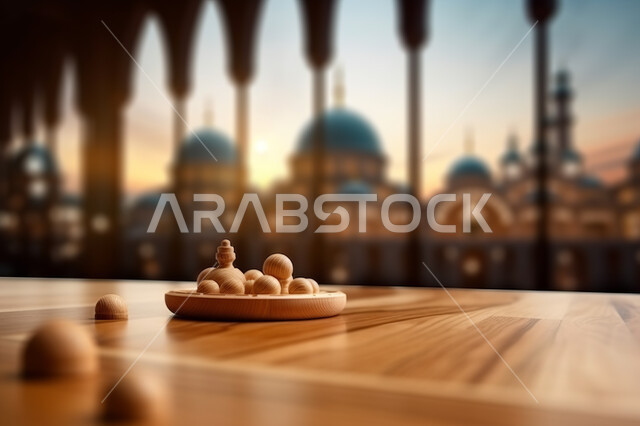 صوره مقربه لمجسمات ثلاثية الابعاد على قاعدة خشبيه ، خلفية ضبابيه لمسجد اسلامي عريق، الفن الهندسي والمعماري المميز، تحف واكسسوارات ثري دي  للزينه، خلفيه إسلاميه
