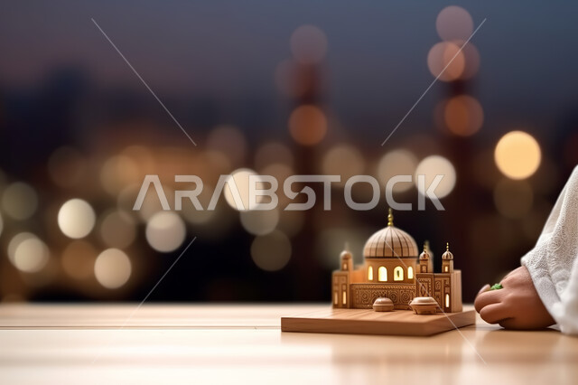 صوره مقربه لمجسمات ثلاثية الابعاد  لمسجد على قاعدة خشبيه ، خلفية ضبابيه لمسجد اسلامي عريق، الفن الهندسي والمعماري المميز، تحف واكسسوارات ثري دي  للزينه، خلفيه إسلاميه