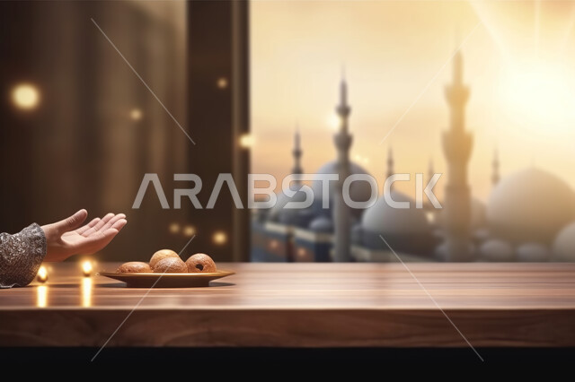 صوره مقربه ليد بجانب طبق الحلوى على قاعدة خشبيه ، خلفية ضبابيه لمسجد اسلامي عريق، الفن الهندسي والمعماري المميز، تحف واكسسوارات زينه، خلفيه إسلاميه