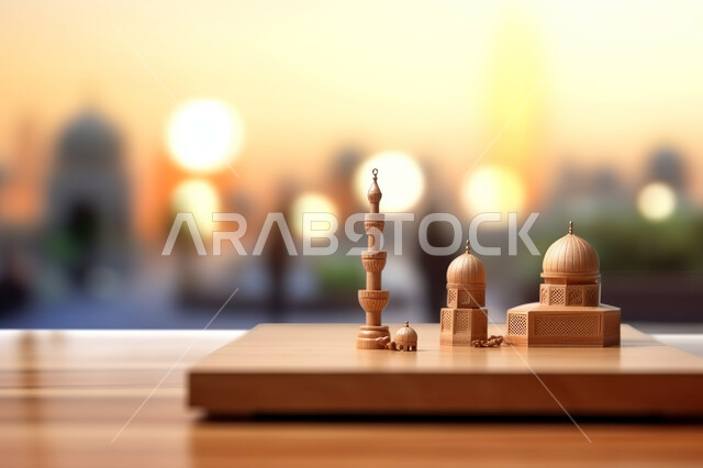 صوره مقربه لمجسمات ثلاثية الابعاد  لمسجد على قاعدة خشبيه ، خلفية ضبابيه لمسجد اسلامي عريق، الفن الهندسي والمعماري المميز، تحف واكسسوارات ثري دي  للزينه، خلفيه إسلاميه