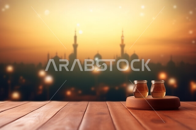 صوره مقربه لأكواب زجاجية على قاعدة خشبيه ، خلفية ضبابيه لمسجد اسلامي عريق، الفن الهندسي والمعماري المميز، تحف واكسسوارات زينه، خلفيه إسلاميه