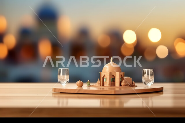 صوره مقربه لمجسمات ثلاثية الابعاد  لمسجد على قاعدة خشبيه ، خلفية ضبابيه لمسجد اسلامي عريق، الفن الهندسي والمعماري المميز، تحف واكسسوارات ثري دي  للزينه، خلفيه إسلاميه