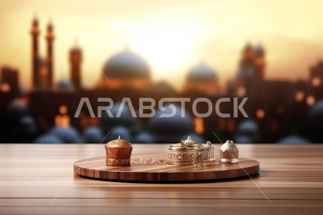 صوره مقربه لمجسمات ثلاثية الابعاد على قاعدة خشبيه ، خلفية ضبابيه لمسجد اسلامي عريق، الفن الهندسي والمعماري المميز، تحف واكسسوارات ثري دي  للزينه، خلفيه إسلاميه