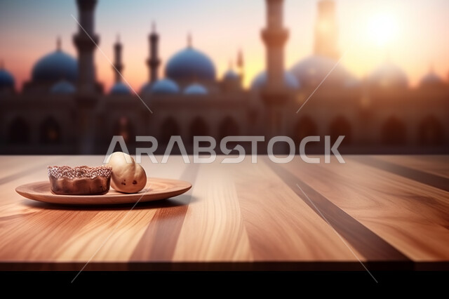A close-up of a dessert dish on a wooden base, a blurry background of an ancient Islamic mosque, distinctive engineering and architectural art, antiques and decorative accessories, an Islamic background