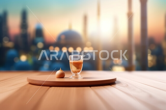 صوره مقربه لكوب زجاجي على قطعة خشبيه ، خلفية ضبابيه لمسجد اسلامي عريق، الفن الهندسي والمعماري المميز، تحف واكسسوارات زينه، خلفيه إسلاميه