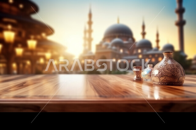 صوره مقربه لاناء مزخرف على طاولة خشبيه ، خلفية ضبابيه لمسجد اسلامي عريق، الفن الهندسي والمعماري المميز، تحف واكسسوارات زينه، خلفيه إسلاميه