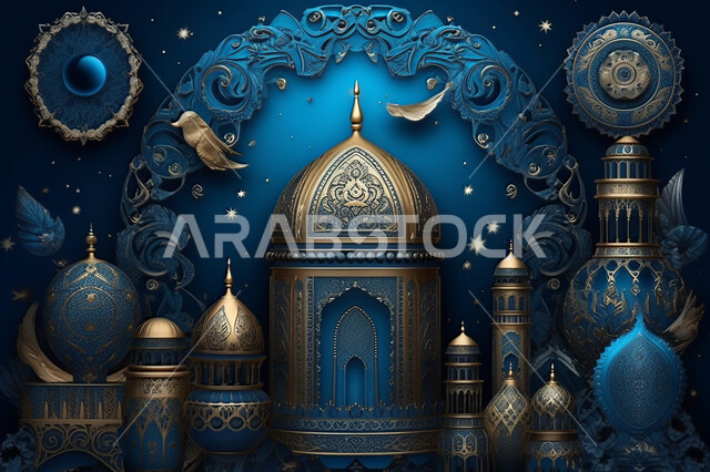 قدوم شهر الخير ،  مجسمات ثلاثية الابعاد  لمساجد وقبب زرقاء ،زينة الاعياد والمناسبات الدينية، عساكم من عواده ، اسلاميات و عباده, خلفية زخارف اسلاميه ثري دي
