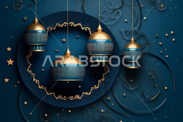 خلفية زخارف اسلاميه ثري دي, تحف واكسسوارات شهر رمضان المبارك ، مجسمات ثلاثية الابعاد لفوانيس زرقاء مزخرفة، زينة وأنوار للاعياد والمناسبات، عساكم من عواده ، قدوم شهر الخير, خلفية زرقاء