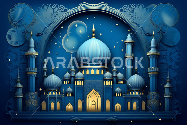 Eid and Ramadan, blue and gold poster with a mosque, Generative