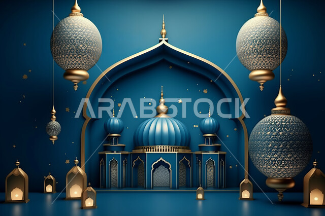 مجسمات ثلاثية الابعاد  لقبب ومساجد زرقاء ،زينة الاعياد والمناسبات الدينية، عساكم من عواده ، قدوم شهر الخير ، اسلاميات و عباده, خلفية زخارف اسلاميه ثري دي, خلفية زرقاء