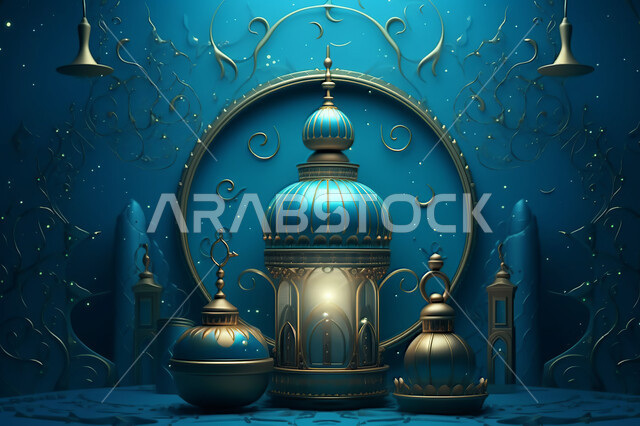 خلفية زخارف اسلاميه ثري دي, تحف واكسسوارات شهر رمضان المبارك ، مجسمات ثلاثية الابعاد لفوانيس زرقاء مزخرفة، زينة وأنوار للاعياد والمناسبات، عساكم من عواده ، قدوم شهر الخير, خلفية زرقاء