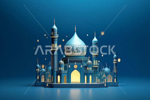 مجسمات ثلاثية الابعاد  لقبب ومساجد زرقاء ،زينة الاعياد والمناسبات الدينية، عساكم من عواده ، قدوم شهر الخير ، اسلاميات و عباده, خلفية زخارف اسلاميه ثري دي, خلفية زرقاء