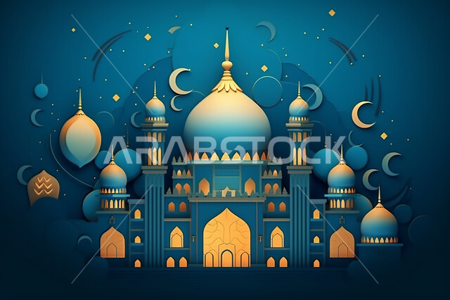 Eid and Ramadan, blue and gold poster with a mosque, Generative